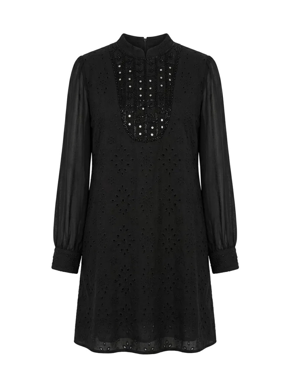 NEW with Tags Black Eyelet Embroidered Beaded Long Sleeve Shift Dress - Picture 1 of 16